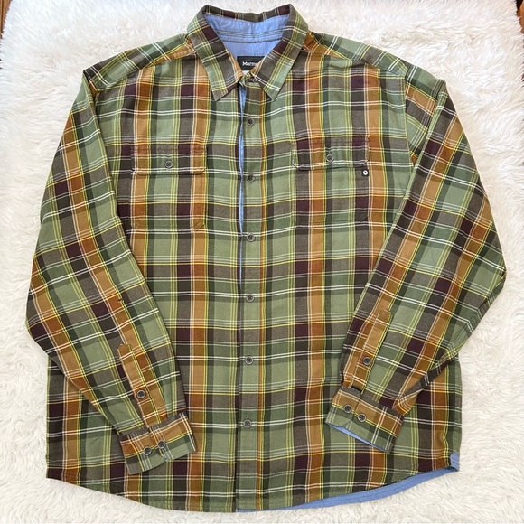 Marmot Flannel Shirt Men’s XXL Long Sleeve Button Up Green Plaid Lightweight VGC - Picture 1 of 7